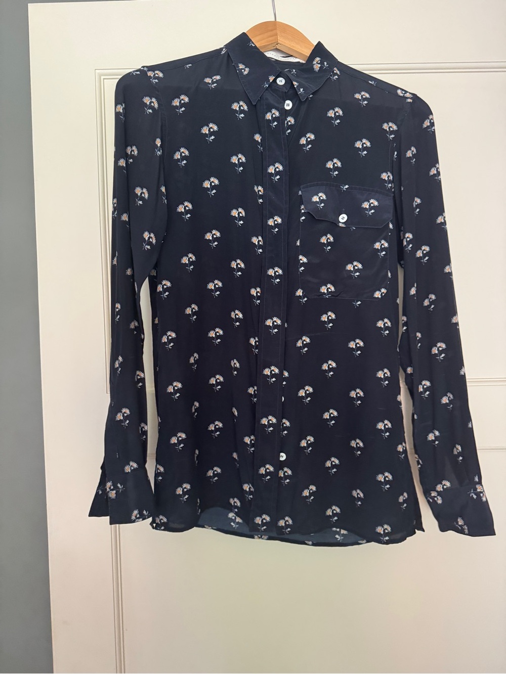 Victoria Beckham Navy Floral Button-Down Silk Blouse
